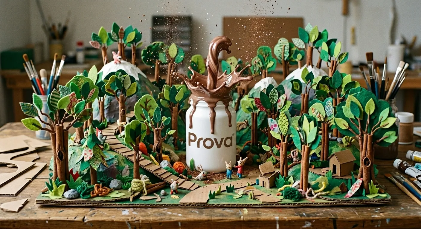 Diorama de bosque de fieltro con un bote de Prova y salpicadura de cacao