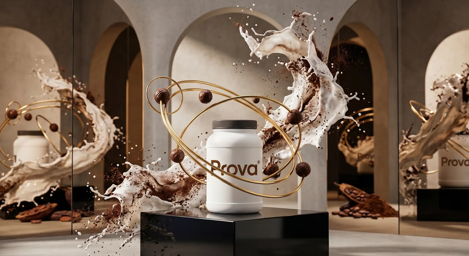 Bote de Prova sobre pedestal negro con anillos dorados y salpicadura de cacao