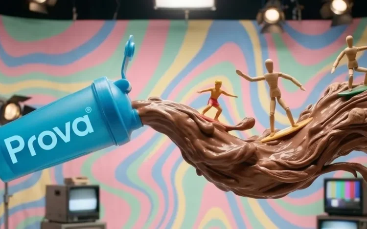 Shaker azul de Prova sirviendo batido de cacao en un set pastel