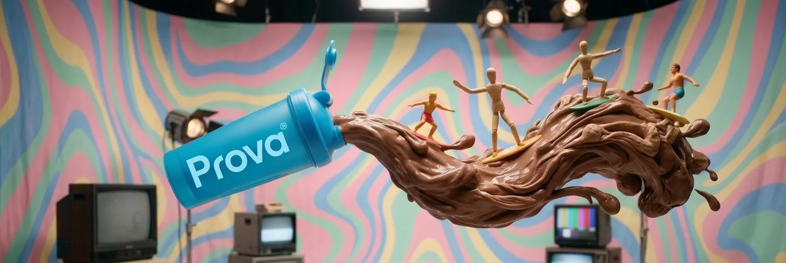 Shaker azul de Prova sirviendo batido de cacao en un set pastel