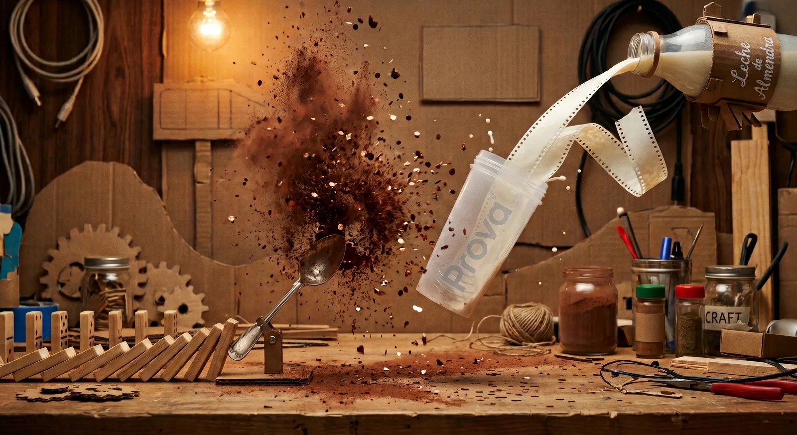 Escena de taller con shaker de Prova, polvo de cacao y leche de almendra