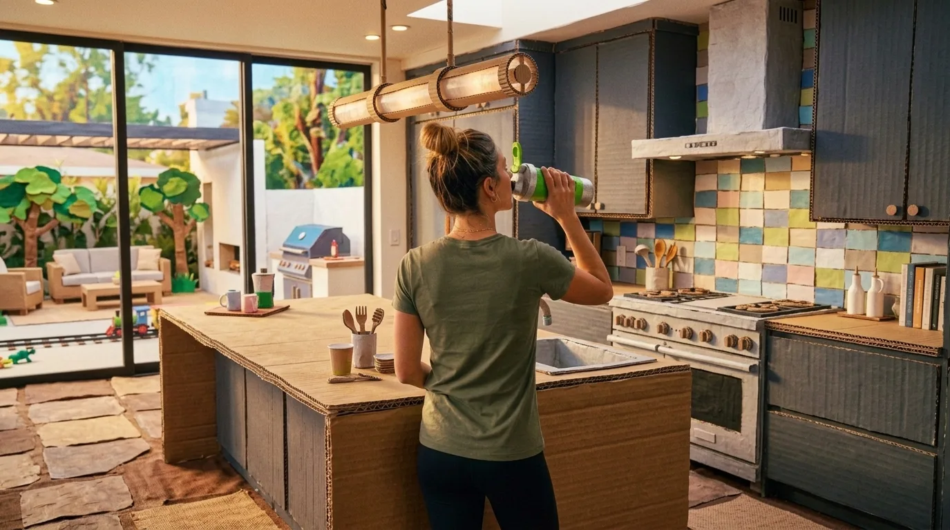 Mujer tomando su batido de Prova en una cocina de cartón