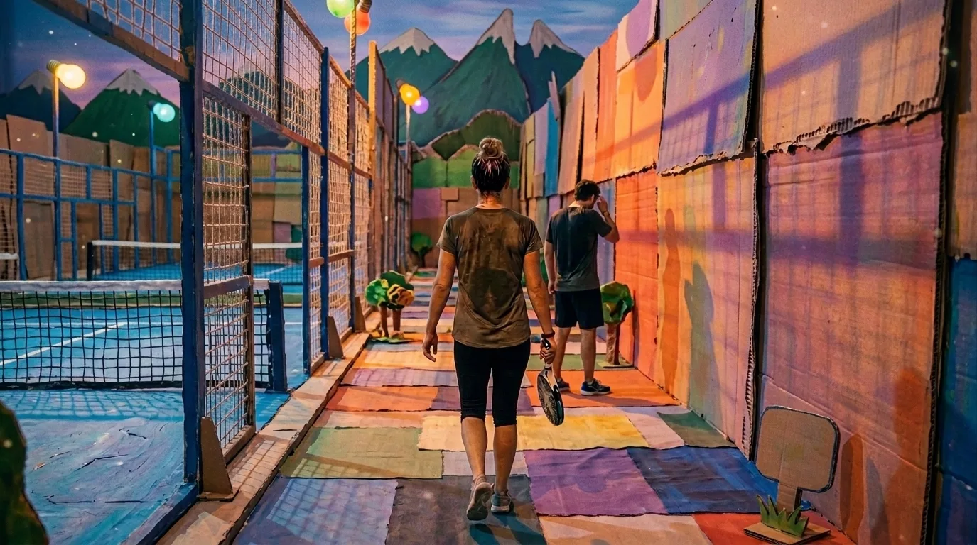 Dos jugadores entrando a una cancha de padel al anochecer