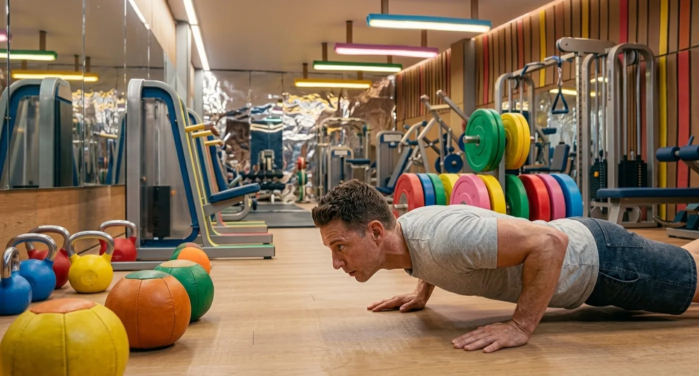 Hombre haciendo lagartijas en un gimnasio de colores