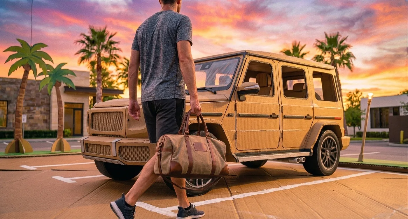 Hombre con maleta caminando hacia una camioneta de cartón al atardecer
